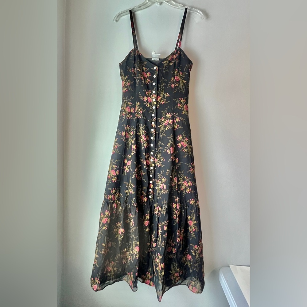 Vintage Laura Ashley Silk Floral Spaghetti Strap Tiered Maxi Dress